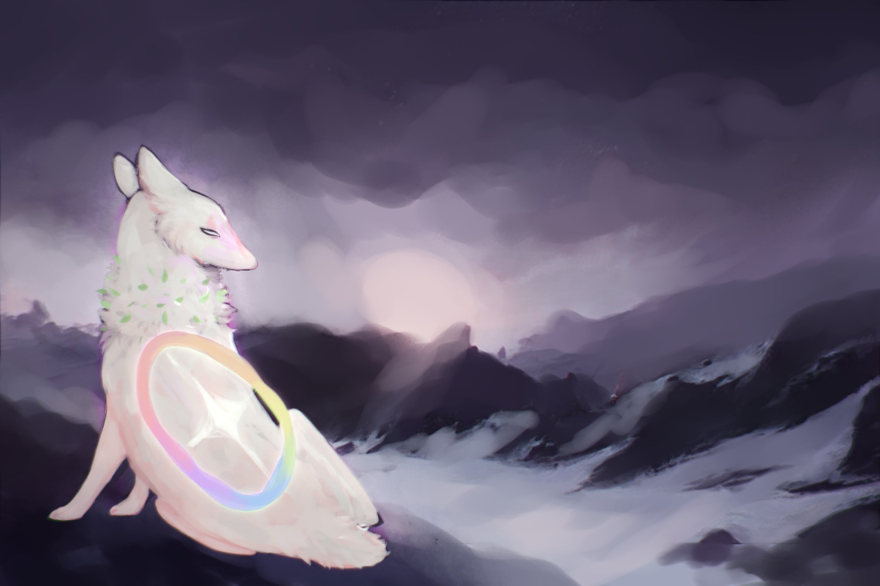 a white canine-like animal sits with its back towards the viewer. an oval rainbow aura hovers on its back, and small leaves grow from the fur on its neck. its head is viewed in profile, as it gazes upon a rocky landscape covered in snow.