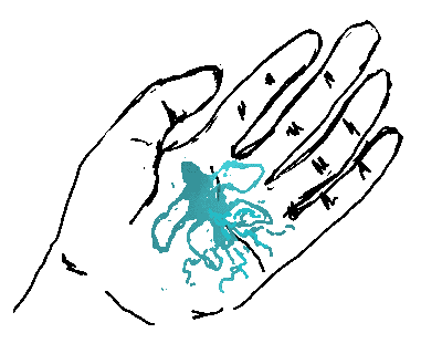 line drawing of a hand, a bright blue creature dead on its palm