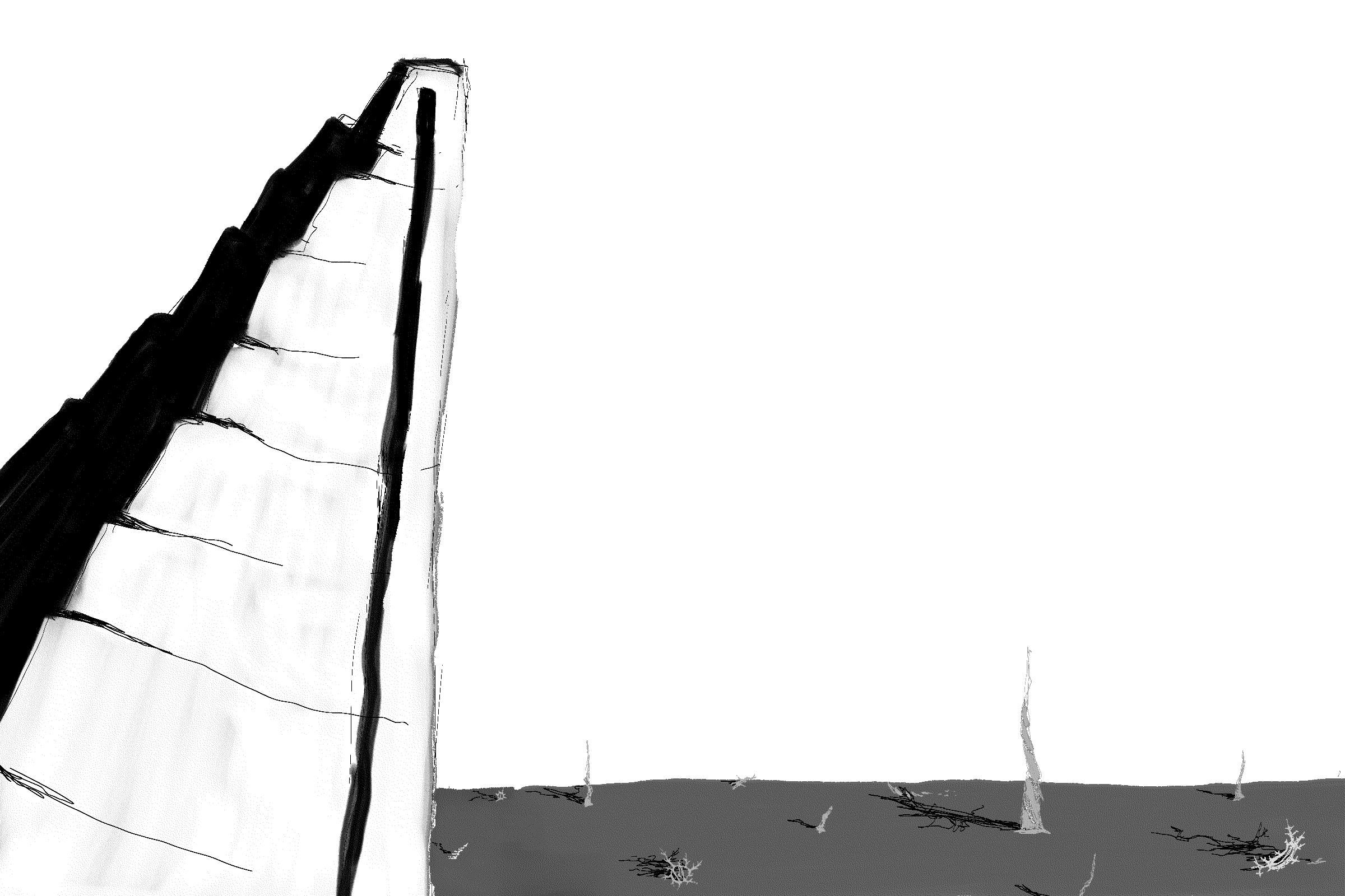 grayscale drawing. a white tower looms over a plain of scattered objects. the shadows are long and harsh.