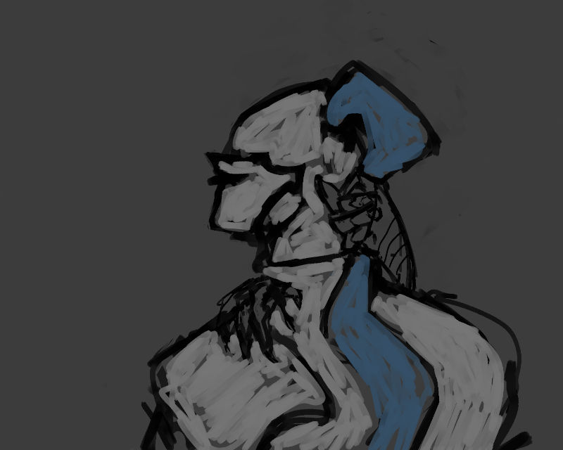 rough digital drawing, knight of a bust from the back, head in profile. gauntlets drape over her shoulder and grip her blue plume