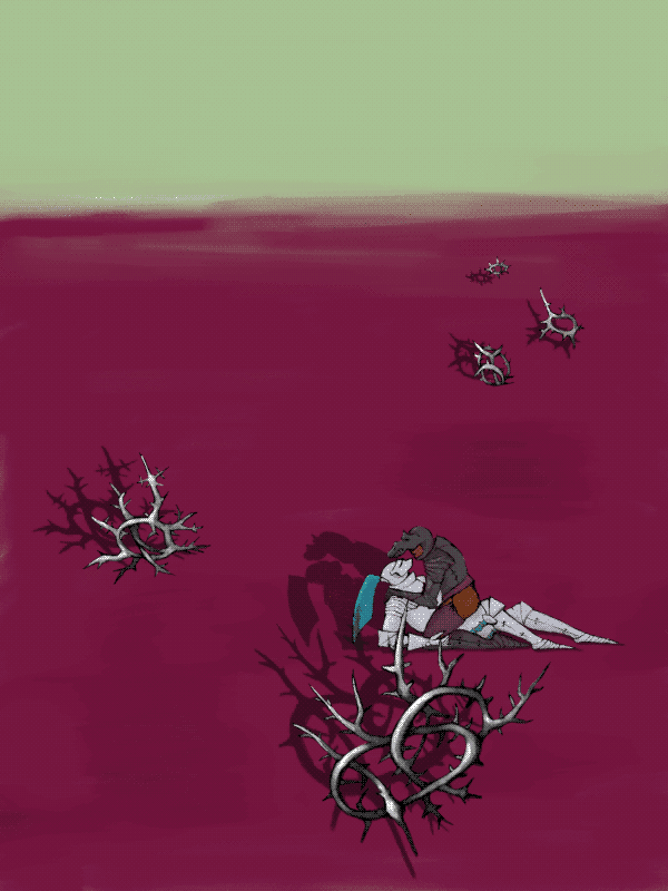 digital painting. metallic radiolarian skeletons litter a crimson plain under a green sky. a knight in partial dark armor straddles one in white. the shadows are harsh and facing the wrong direction.