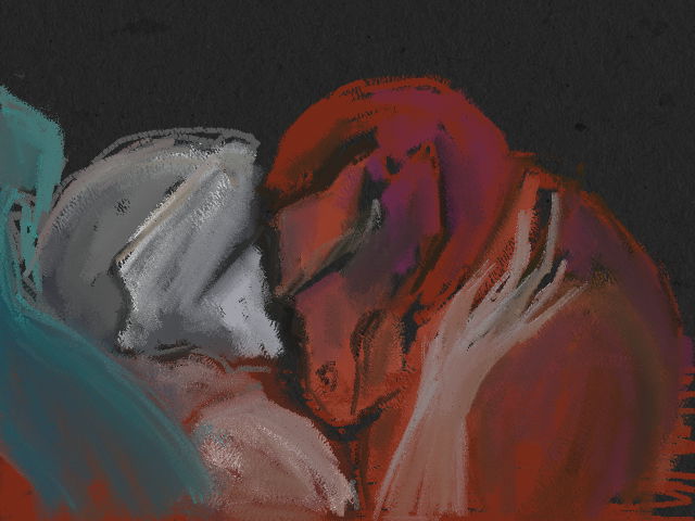 colorful oil pastel style drawing. closeup of two knights embracing