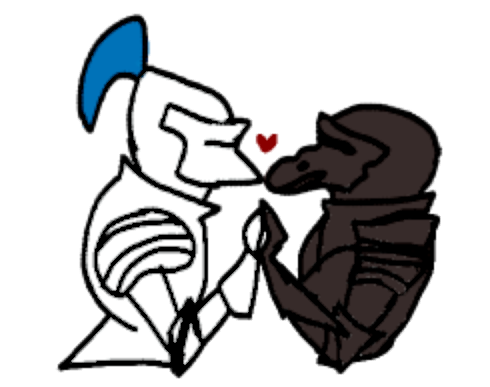 simple chibi drawing, two knights from their waists up. one wears white armor with a blue plume, the other has dark armor with a hound grotesque helmet. on profile, they touch hands and helmets, a small red heart above them