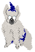 a very fluffy white dog wearing a mage hat and pants, dark blue with white stars and moons. it's sitting and rolling its eyes