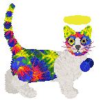 a fluffy cat, posing. it has a colorful tie-dye pattern and white paws, chest and muzzle. it has a blue bowtie and yellow halo