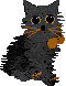 a small fluffy cat, sitting. it's dark gray, its large eyes, whiskers, paw pads and bowtie are pumpkin orange