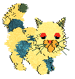 light yellow cat with green and blue patches.