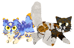 two cats, one calico, one hexed blue