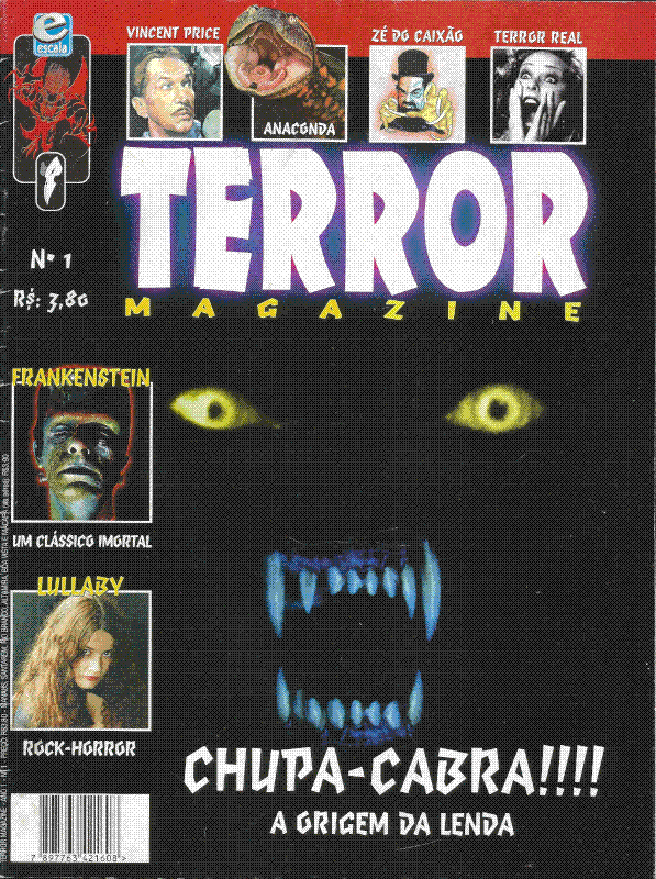 capa da revista; olhos amarelos e dentes. 'chupa-cabra!!!! a origem da lenda'