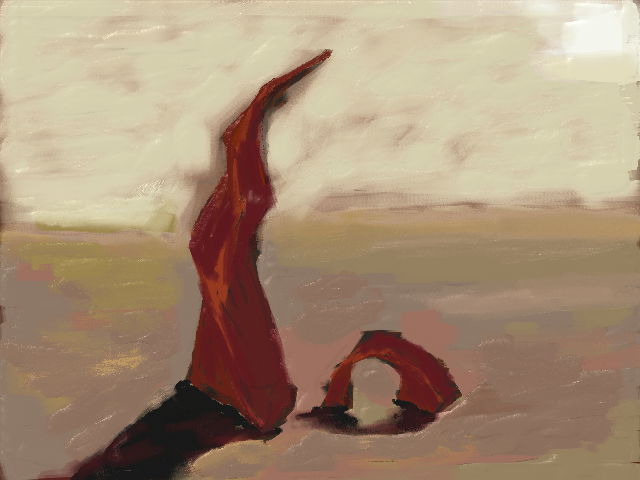 two twisted red shapes. a light cream sky forms harsh black shadows on a colorful beige plain