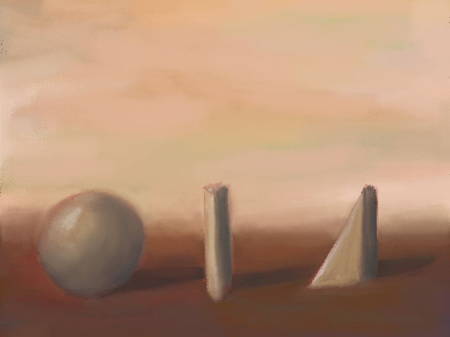 upon a clay plain, under a beige sky, a sphere, a rectangular prism and a flat triangular prism