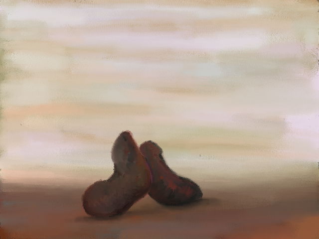 two dark (nearly rusty) abstract (almost phallic) objects lean against one another on a plain