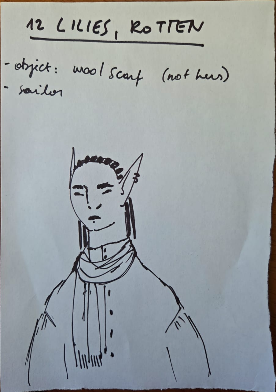 character sheet for 12 lilies, rotten. black marker. bust of an elf with cornrows and a scarf. text below
