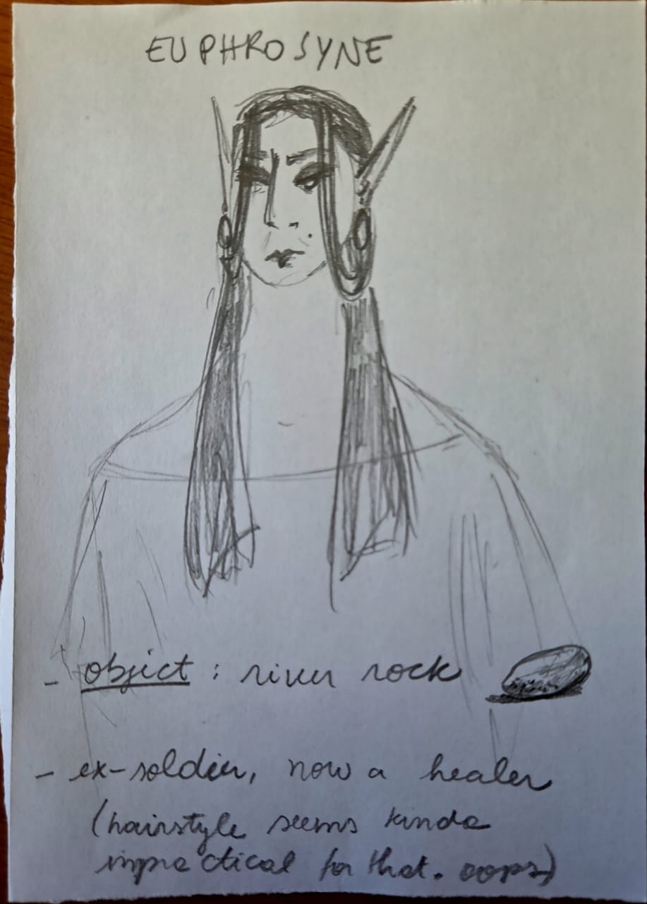 character sheet for euphrosyne. pencil. bust of an elf with long straight hair. text below