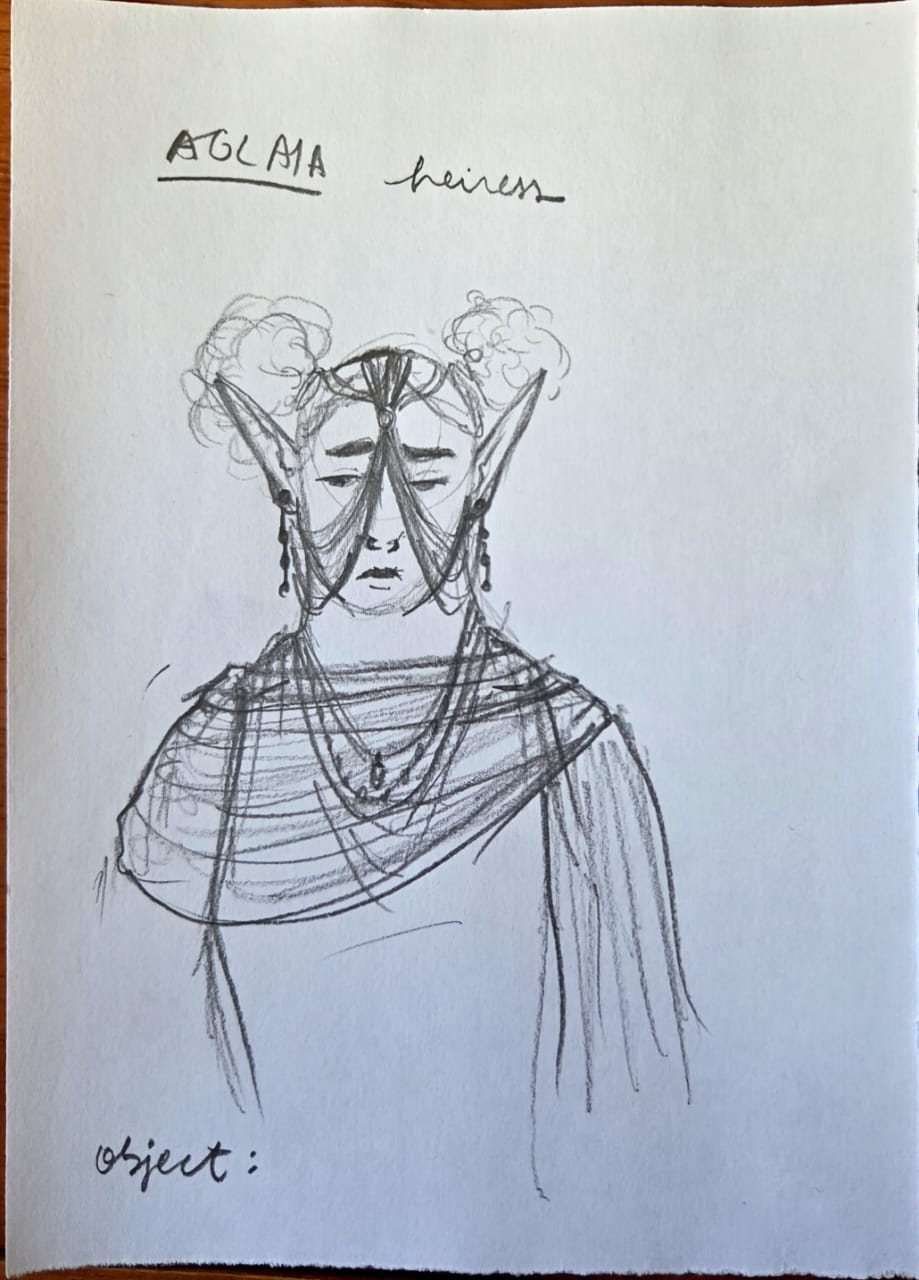 character sheet for aglaia. pencil. bust of a forlorn elf with afro puffs adn veils. texxt below