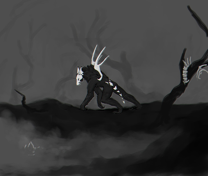 monochrome digital painting of a werewolf with a skull head, skeletal wing-like protusions on their back and a skeletal tail. the background is dark and moody, with trees that resemble outstretched hands.