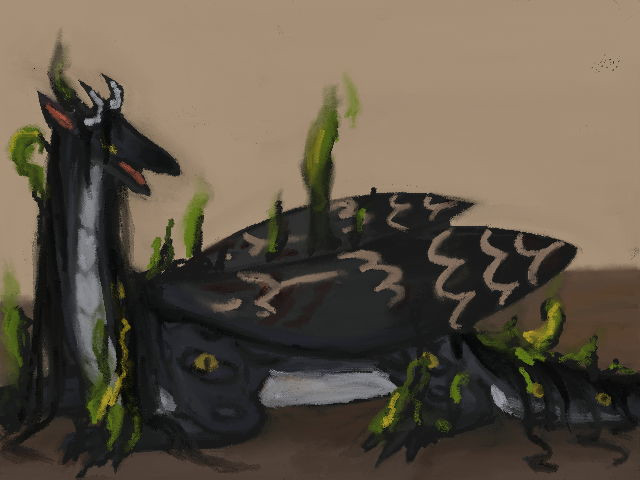 digital pastel painting. a dark gray veilspun dragon, lying down. he has multiple bright green eyes along his body, and black and green flames rise up from him