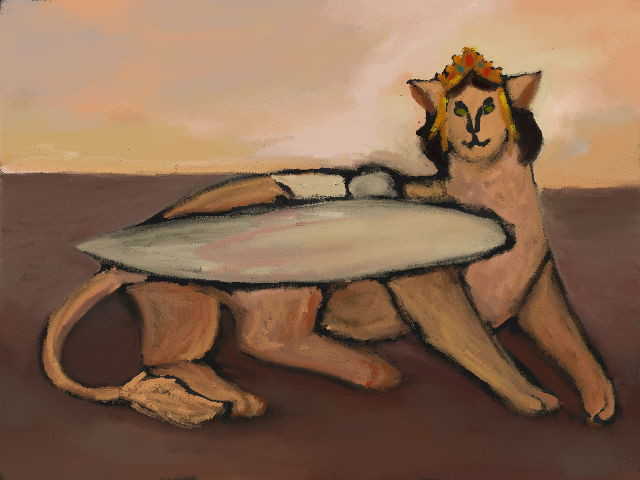 digital pastel painting. a sphinx, donning a golden headpiece, lies on a dark plain