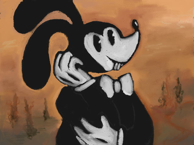 digital pastel portrait of a black and white cartoon rabbit, in the style of early mickey mouse. he has a gloved hand resting against his cheek. in the background, a simple landscape in shades of ochre, somewhat resembling mona lisa's.