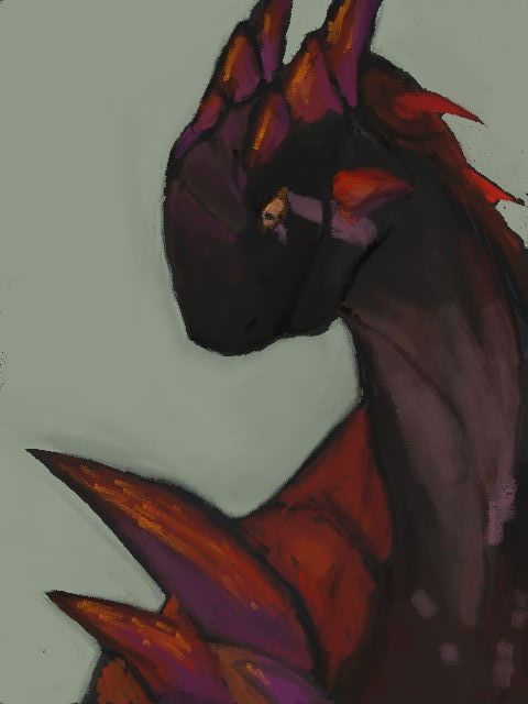 portrait of a dark brown and lilac dragon, with protuding red and purple spikes