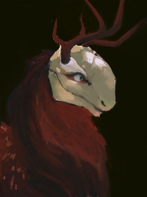 portrait of a pale green dragon with reddish brown antlers and neck fluff