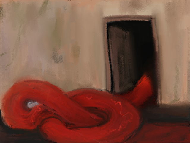 digital pastel painting. a dark doorway opens on a grimy wall. a red thing coils out of it, tangled on itself, no ends in sight.