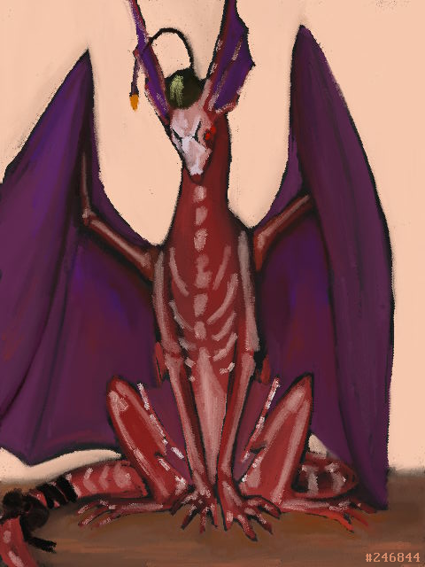 digital pastel drawing. a mirror dragon sits, posing for the viewer. it's red with skeletal markings, and its wings are purple.