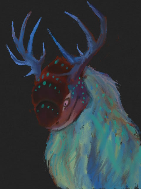 portrait of a red dragon with blue neck fluff and antlers