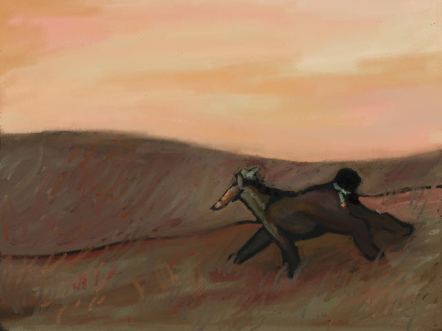 digital pastel painting. a horse-like creature with a bronze sword head gallops through a grassy field