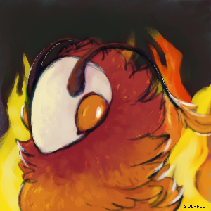 headshot of a moth-like creature with a pale face and orange-red fluffy neck, against a background of flames