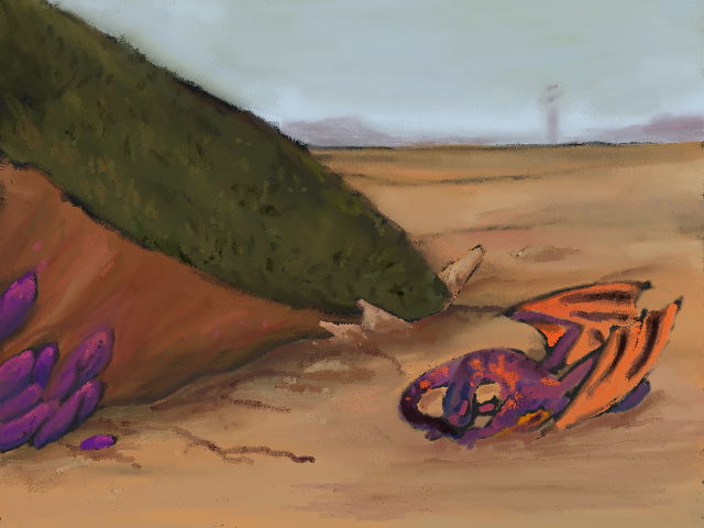 digital pastel painting. a floating island has crashed upon a rocky plain. a purple dragon covers his eyes in shame.