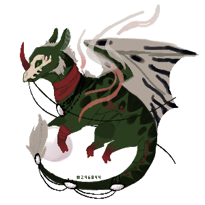 chibi drawing. a pearlcatcher dragon, dark green with red rune accents and a skeletal face plate.