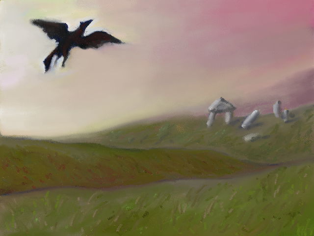 digital pastel painting. a black pegasus soars in a pale pink sky, above grass hills dotted with white stone ruins.