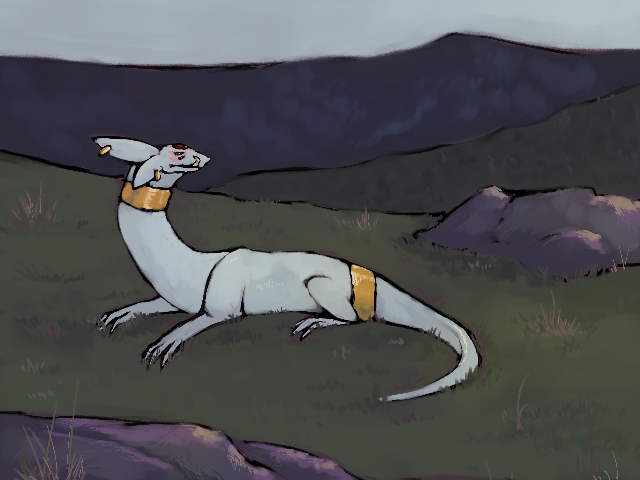 digital painting of a pale lizard creature, adorned with gold, laying on a grassy hill