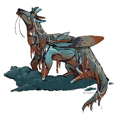 digital drawing of a brown and blue veilspun dragon sitting on a dark cloud