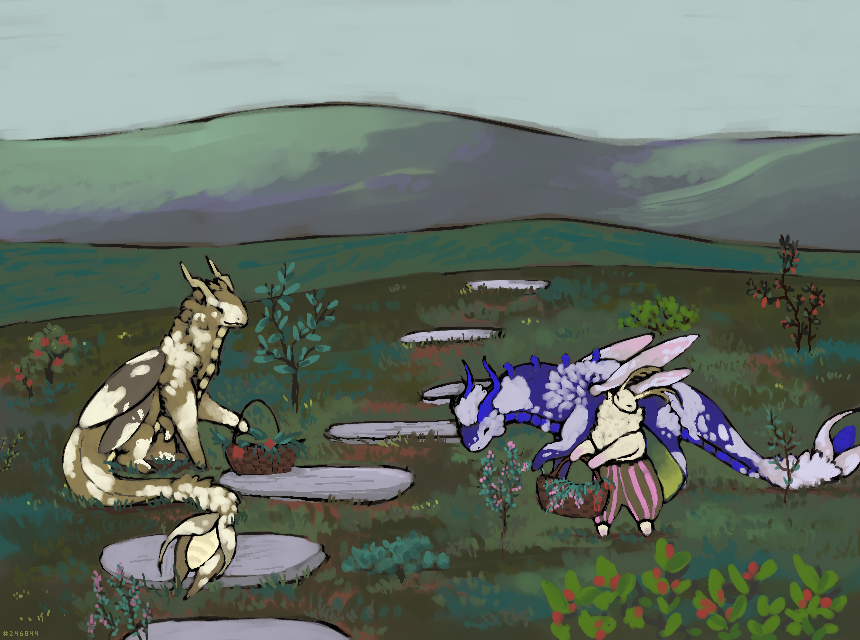 digital illustration. two piebald aether dragons — one brown, one blue — pick plants on a large garden, accompanied by a mith familiar.