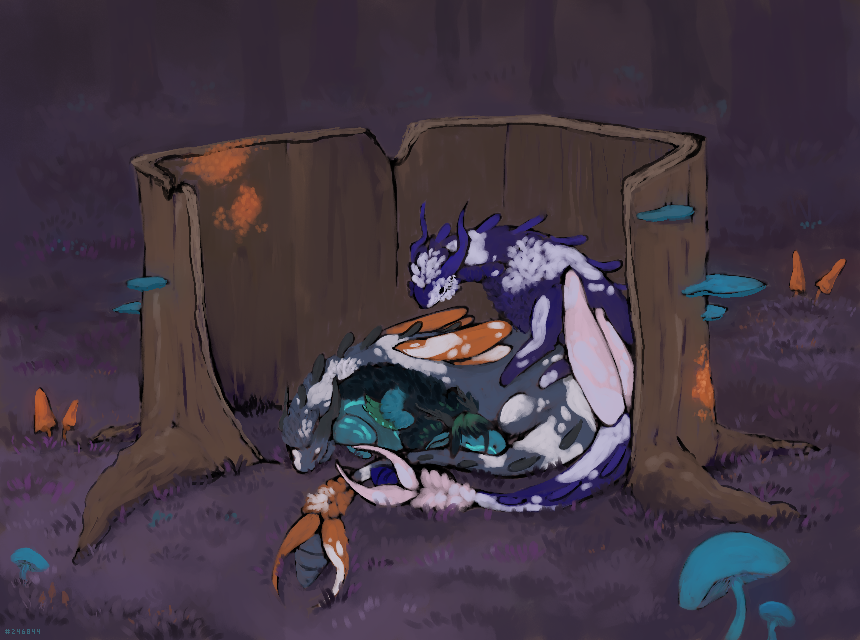 digital illustration of two aether dragons and a gaoler hatchling cuddling in a shadow nest
