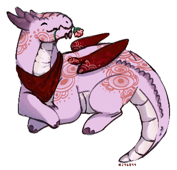 digital drawing of a pink and red snapper dragon, holding a rose in her mouth