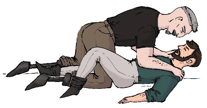 chibi drawing. a middle aged man over his lover, a smaller man in his thirties.