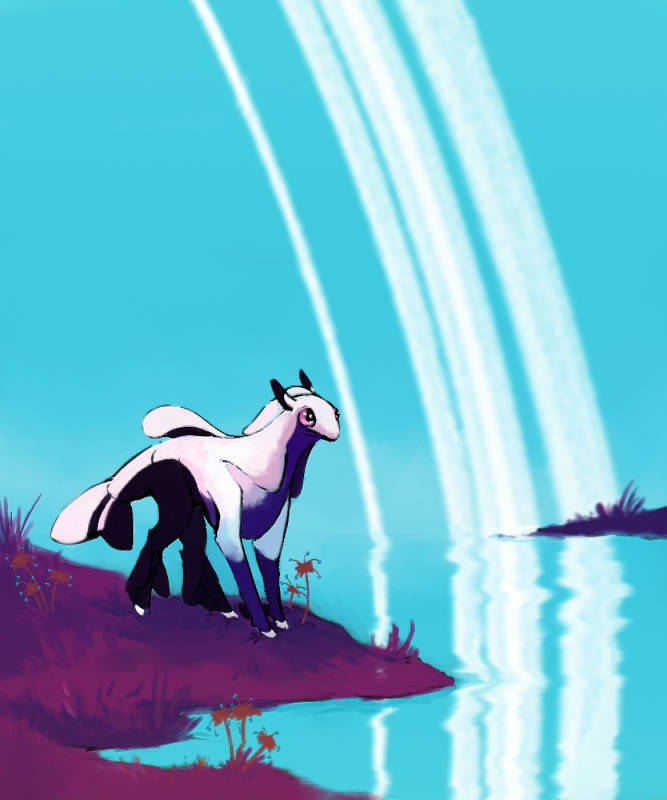 digital painting of a white and purple equine-like creature with fish features. they're standing on purple grass by the water. the sky is bright blue, cut by ice rings