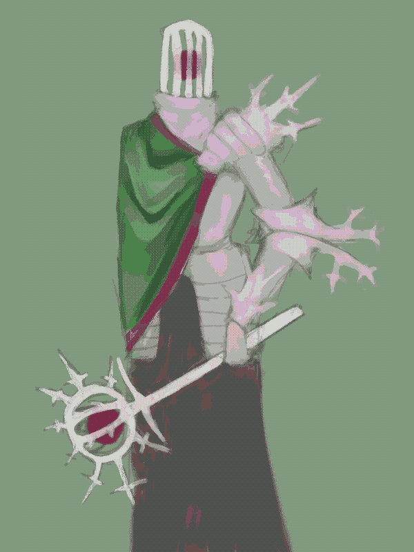 digital painting, dithered. a knight with a radiolarian skeleton for a head. their white armor and morning star echo the radiolarian motif, and a green shawl covers the right side of their torso