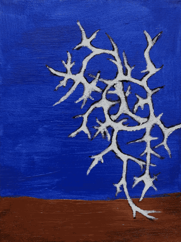 acrylic painting. a pure cobalt blue sky above a terracotta plain. a large white shape like a radiolarian skeleton takes up most of the canvas