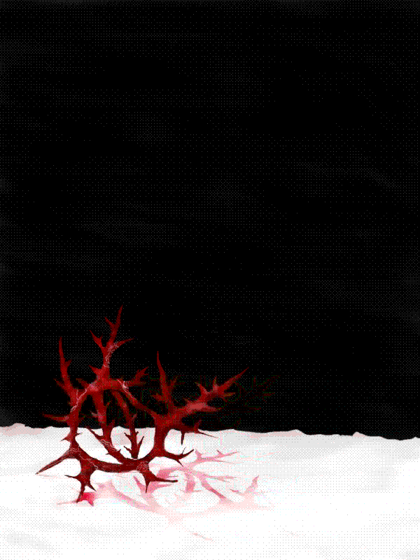 glitched painting of a red radiolarian skeleton upon a white plain, under a pitch black sky