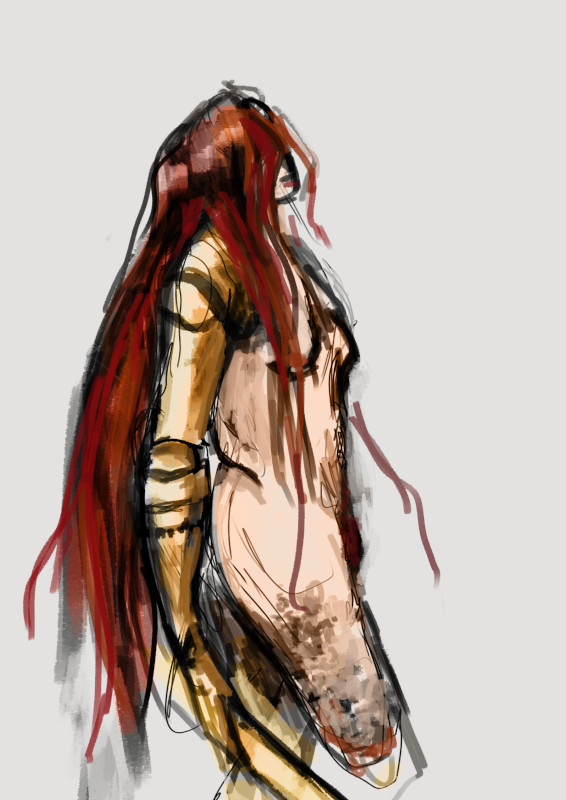 loose digital drawing of malenia from elden ring from the thighs up, in profile. she's nude and holding her sword.