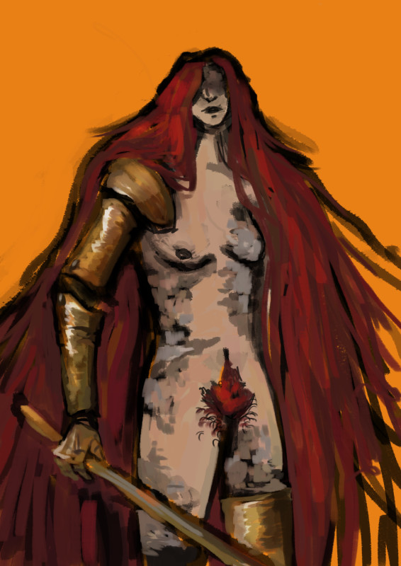 loose digital drawing. thighs up malenia, nude. she faces forward, holding her sword.