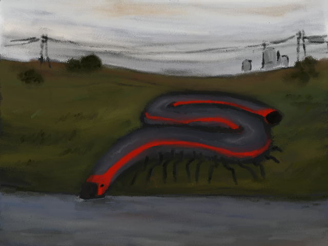 digital pastel painting. a train-creature, with centipede legs, sips from a greyish river