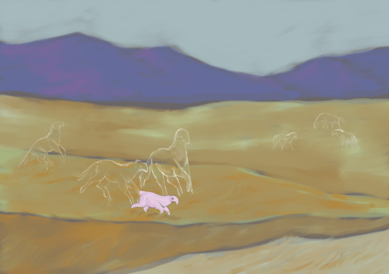 digital drawing. a pale yellow field, filled with ghostly ungulates. a small fetal creature runs among them, the only fleshly being.