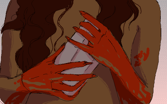 pixel art of a nude woman in close up, clutching a box to her chest, hands bloody, nails long.
