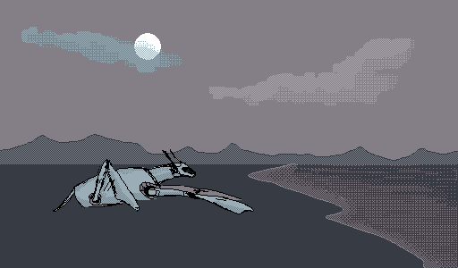 pixel art of a robot dog lying down on a beach.