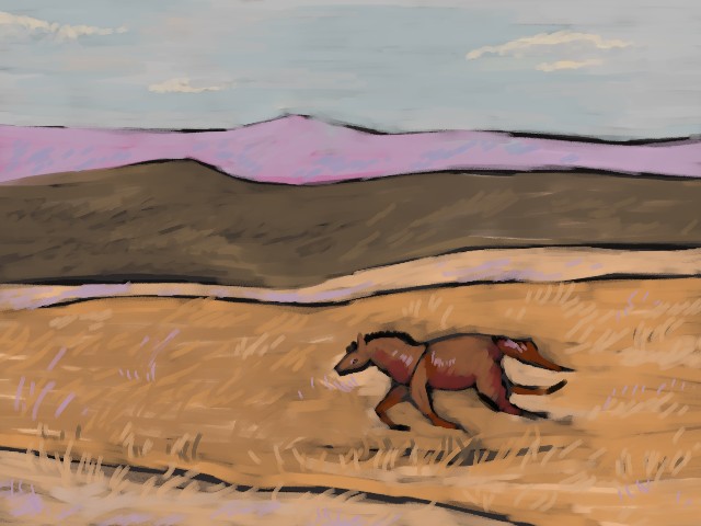 digital painting. a wild horse runs across a grass field.